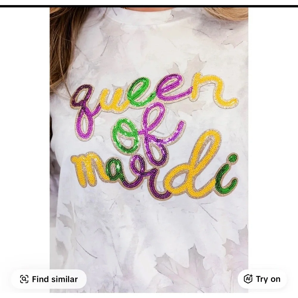 Queen of Mardi Gras Sequin Lounge Set Women Size M White‎ Good Fleur De Lis 2Pc